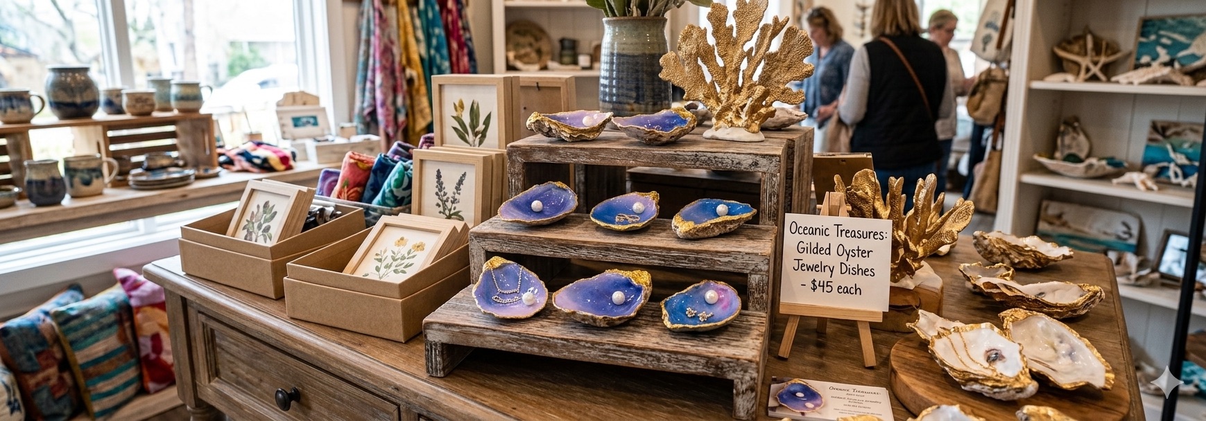 Boutique display of blue and gold oyster jewelry dishes